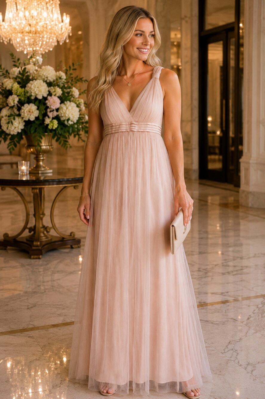 Little Mistress Women’s Beige Tulle Maxi Dress Size US 8 EU 40